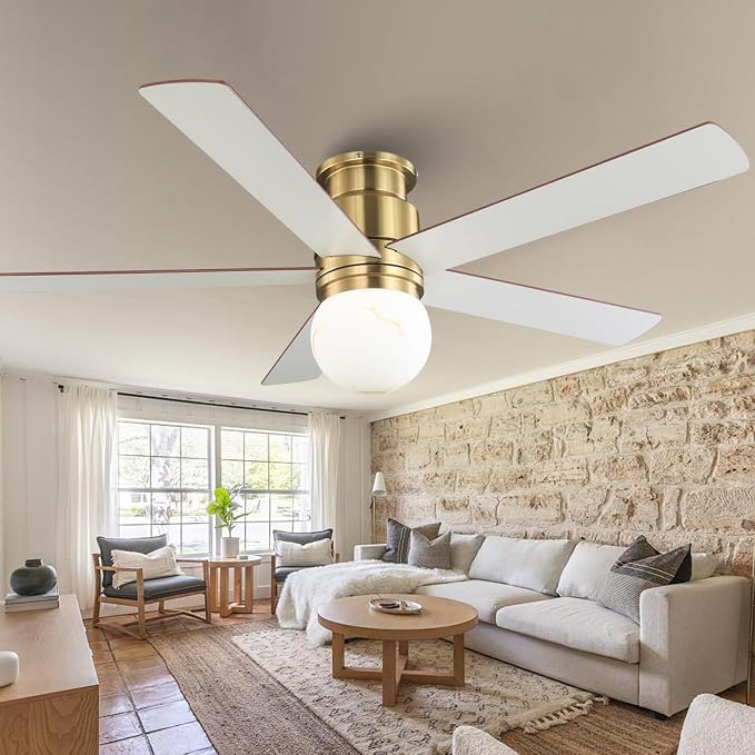 52 Inch Low Profile Ceiling Fan with Light, Flush Mount Brushed Gold Ceiling Fan Remote,ETL Listed, Indoor Outdoor Fan for Bedroom Living Room Patio, 3CCT, 6 Speeds