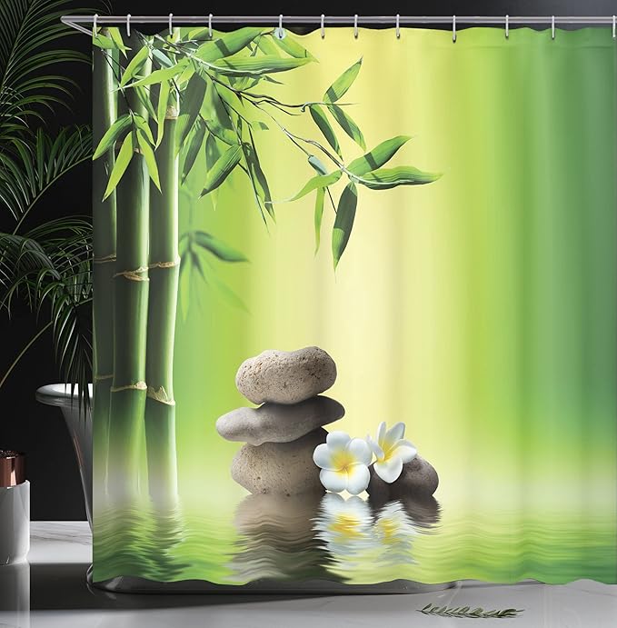 Ambesonne Spa Themed Shower Curtain, Far Eastern Vibes Stones Frangipani Flowers Tree and Water Themed Photo, Cloth Fabric Bathroom Decor Set with Hooks, 69" W x 84" L, Yellow Green