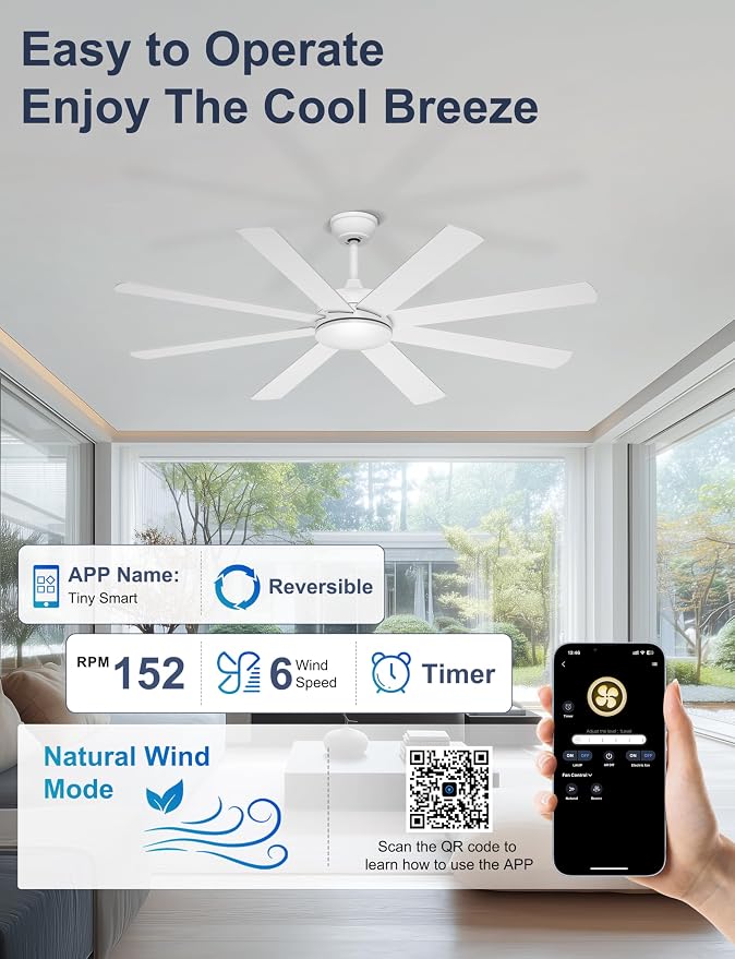 60'' White Ceiling Fan Without Lights for Indoor/Covered Outdoor | Remote/APP Control, 5980 CFM Airflow, Quiet DC Motor, Reversible, 8 Blades Modern Overhead Fan for Sunroom, Screen Porch