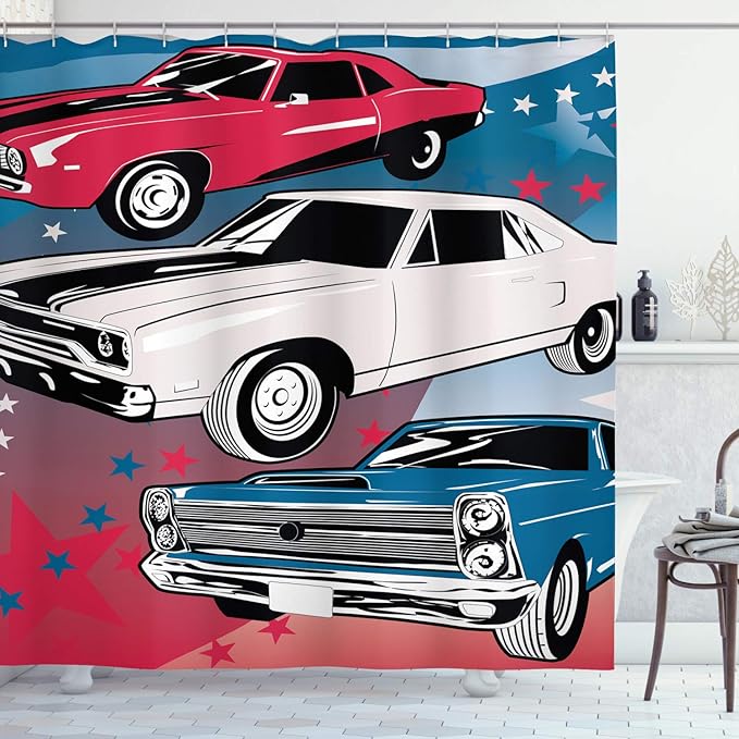Ambesonne Cars Shower Curtain, Comic Book Style Pop Art Group of Nostalgic American Muscle Cars and Stars Antique Retro Inspired, Cloth Fabric Bathroom Decor Set with Hooks, 69" W x 75" L, Blue Beige