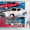 Ambesonne Cars Shower Curtain, Comic Book Style Pop Art Group of Nostalgic American Muscle Cars and Stars Antique Retro Inspired, Cloth Fabric Bathroom Decor Set with Hooks, 69" W x 75" L, Blue Beige