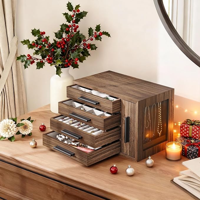HOOBRO Jewelry Box for Women, Wooden Jewelry Organizer with Transparent Window, 4-Layer Jewelry Organizer Box, Jewelry Holder Organizer for Earrings, Necklaces, Rings, Walnut and Black BH09JB04