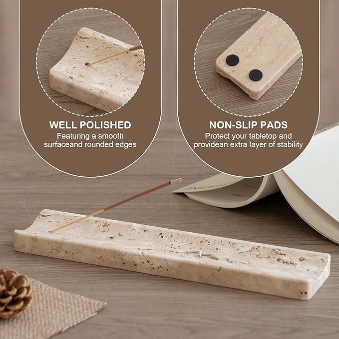 Marble Incense Holder Burner-Natural Stone Stick Incense Tray with Ash Catcher，20 Sticks & Brush - Elegant Decor for Meditation, Yoga, Home,Gift(Beige Travertine)