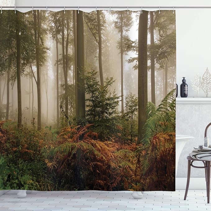 Ambesonne Forest Shower Curtain, Mystic Dark Fog Atmosphere Deep in The Woodland Silence Misty Early Morning Nature Art Image, Cloth Fabric Bathroom Decor Set with Hooks, 69" W x 84" L, Orange Brown