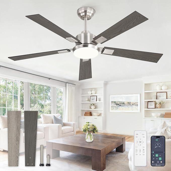 52 Inch Ceiling Fans with Lights and Remote&APP Control, Brushed Nickel Smart Ceiling Fan with 3000-6000K Dimmable, 6 Speeds Reversible, Indoor/Outdoor Ceiling Fan for Bedroom Living Room