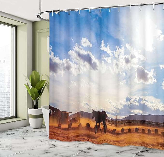 Ambesonne Western Shower Curtain, Horse in Monument Valley Open Sky Clouds Arizona America Landscape Print, Cloth Fabric Bathroom Decor Set with Hooks, 69" W x 70" L, Cream Blue
