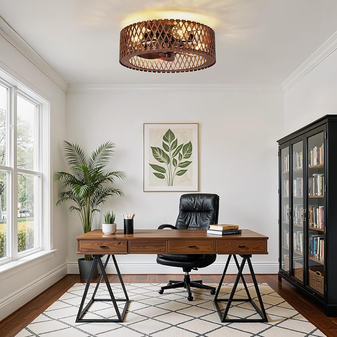 20" Flush Mount Ceiling Fan with Light, Wooden Caged Low Profile Fandelier with Remote, 6-Speed Reversible Bladeless Fan, Farmhouse Ceiling Fan for Bedroom, Kitchen, Living Room
