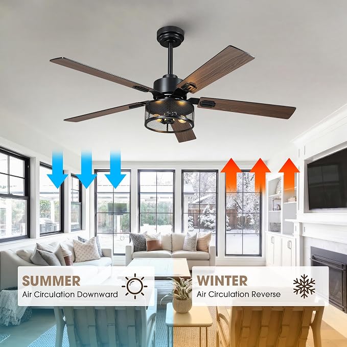 52 Inch Farmhouse Ceiling Fan with Light and Remote, Rustic Caged Ceiling Fans with 6-Speed Reversible Motor, 5 Dual Finish Blades, Outdoor Ceiling Fan for Living Room Bedroom Patio