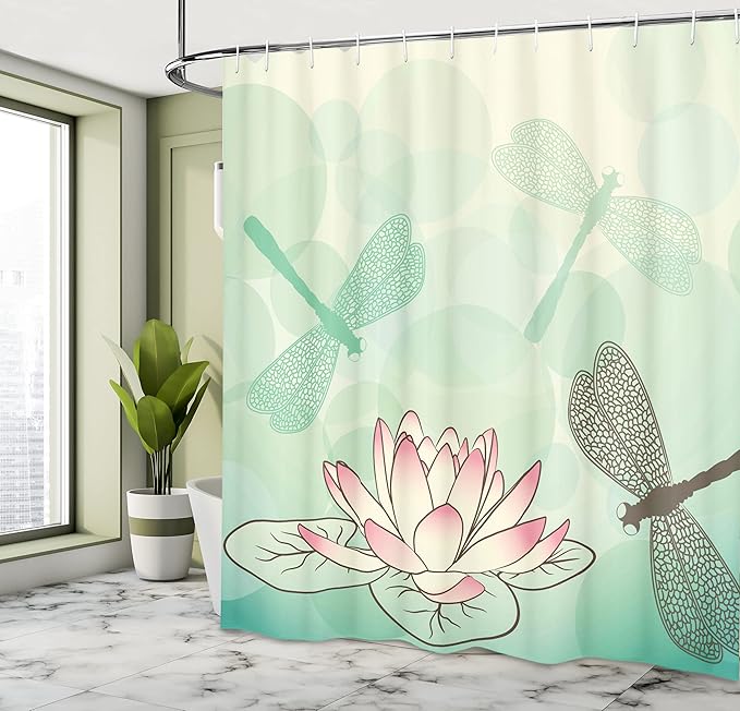 Ambesonne Lotus Flower Shower Curtain, Exotic Blossom Pinkish Petals Water Lily and Dragonflies on Pale Backdrop, Cloth Fabric Bathroom Decor Set with Hooks, 69" W x 75" L, Seafoam Ivory