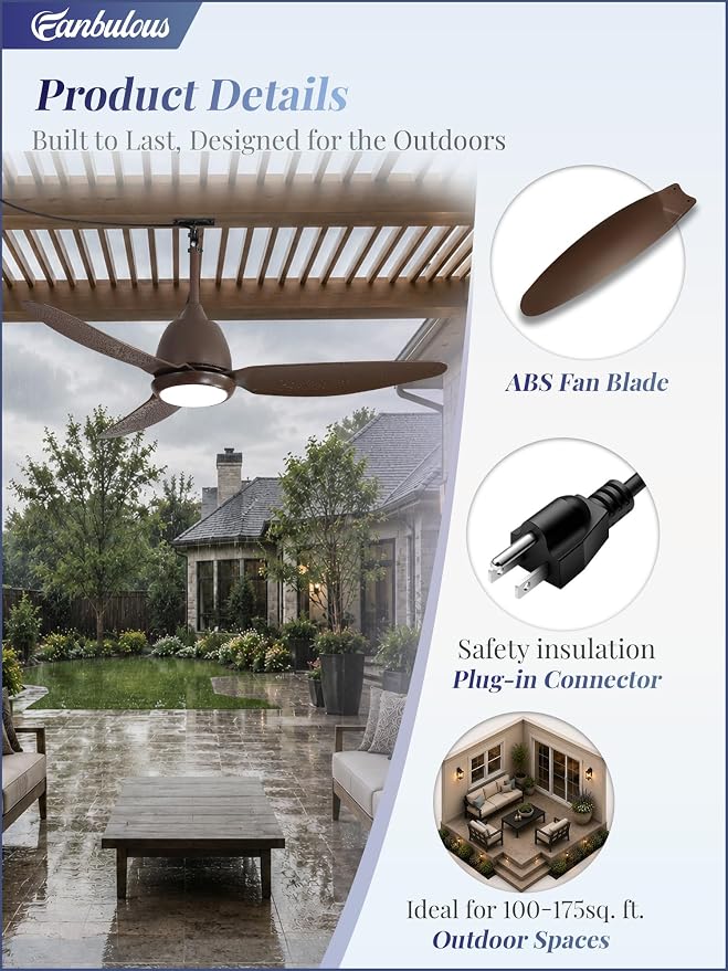 Fanbulous 42" Outdoor Ceiling Fan with Light, IP65 Waterproof Wet Rated, Plug in Gazebo Fan with 10FT Cord, Smart APP & Remote, 6-Speed Reversible DC Motor, 3CCT Dimmable LED for Patio Porch (Bronze)