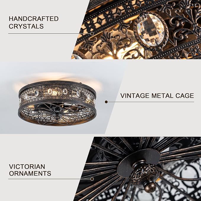 19" Vinctorian Caged Ceiling Fan with Light Flush Mount Fandelier | Vintage Rustic Crystal Chandelier, Low Profile Small Enclosed Bladeless Fandalier for Bedroom Entryway, 4 E26 Bulb Bases