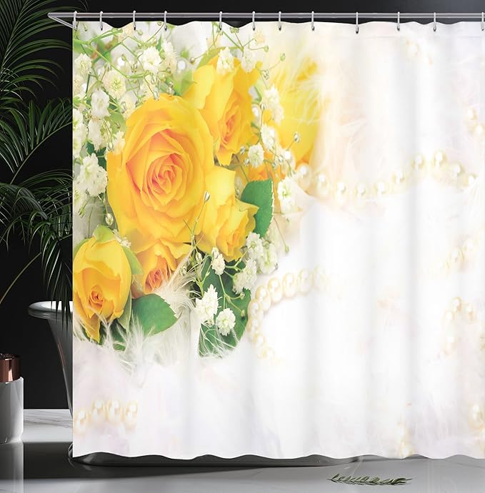 Ambesonne Yellow Shower Curtain, Bouquet of Romantic and Colorful Roses on a White Background Adoration, Cloth Fabric Bathroom Decor Set with Hooks, 69" W x 70" L, Yellow Pearl Fern Green