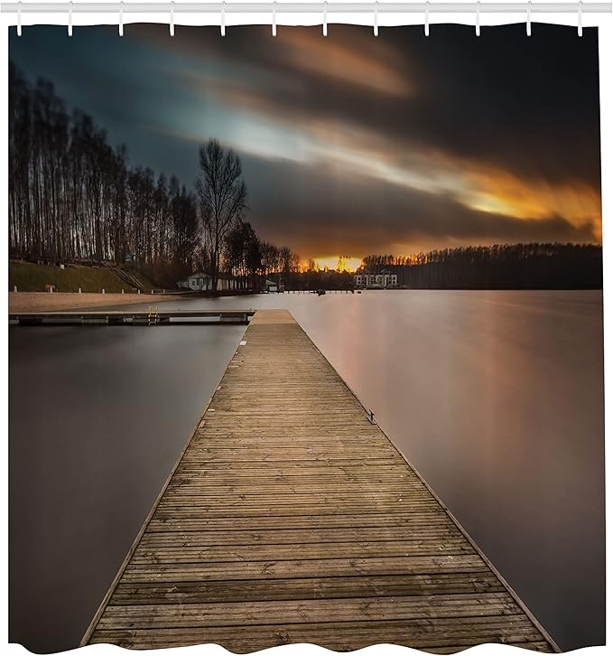 Ambesonne Landscape Shower Curtain, Lake Landscape with Jetty Cloudy and Dramatic Sky Scene at Sunset Image, Cloth Fabric Bathroom Decor Set with Hooks, 69" W x 84" L, Umber Black