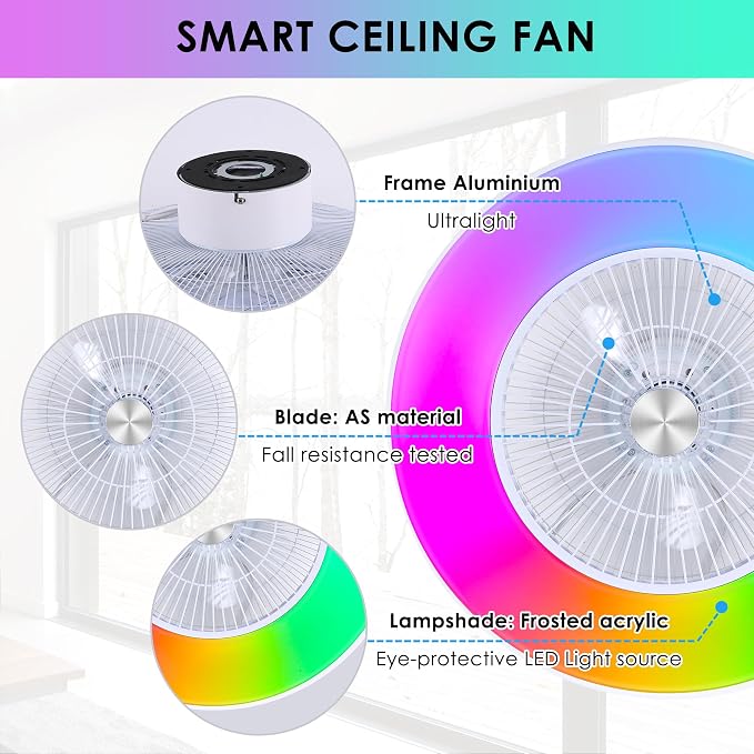 24" Bladeless Ceiling Fans with Lights and Remote/APP/Voice Control, Low Profile Ceiling Fan with RGB Lights, Enclosed Flush Mount Ceiling Fan for Kid's Bedroom/Living Room