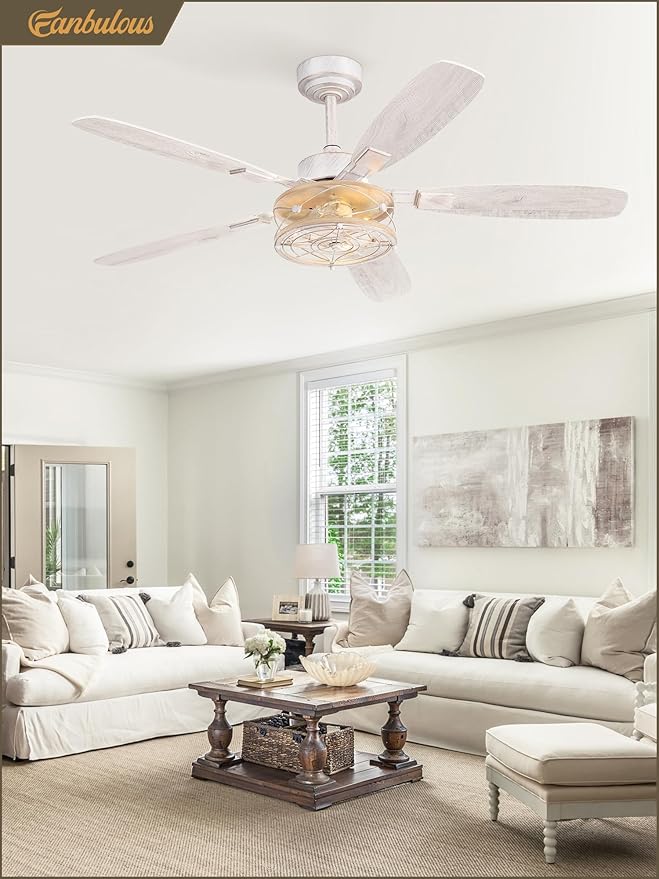 Farmhouse Ceiling Fan with Light and Remote, Industrial Caged Flush Mount Ceiling Fans with 6 Speed Reversible Motor and Dual Finish 5 Blades, for Living room, Bedroom (White and Gold, 52Inch)