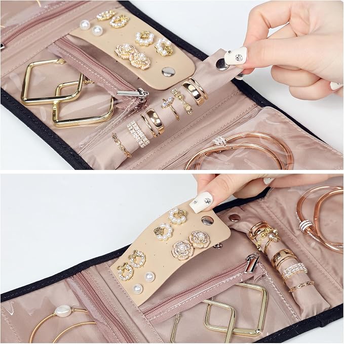 BELALIFE Travel Jewelry Case, Jewelry Organizer Roll for Accessories | Bag with foldable roll design for earrings, necklaces, rings, bracelets and brooches, Black
