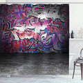 Ambesonne Graffiti Shower Curtain, Urban Life Grunge Street Art Wall Backdrop with Hip Hop Funk Design, Cloth Fabric Bathroom Decor Set with Hooks, 69" W x 70" L, Grey Purple