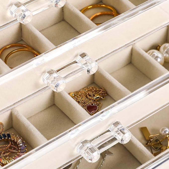 Frebeauty Acrylic Jewelry Box for Earring,Jewelry Organizer with 5 Drawers | 61 Jewelry Storage Grid for Rings Stud Bracelet,Transparent Appearance,Earring Holder Organizer for Women,Velvet Lining