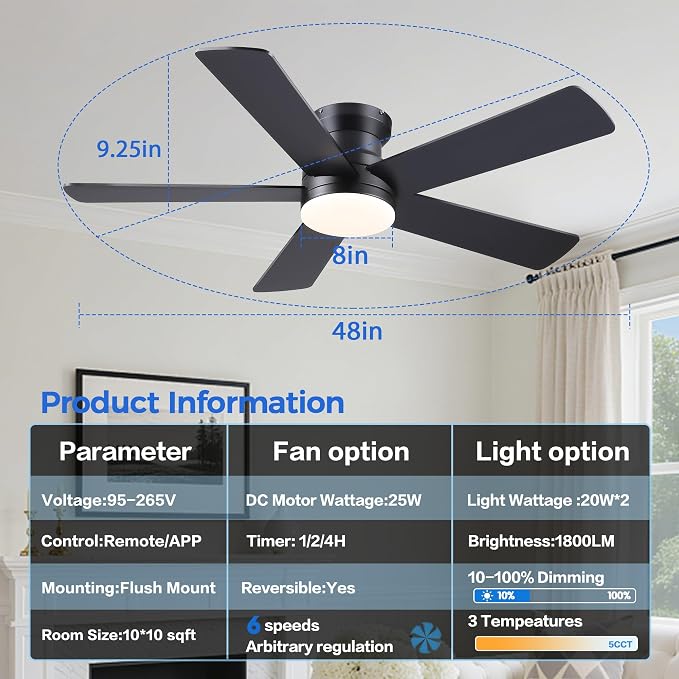 Ayaoty Ceiling Fans with Lights - 48" Black Flush Mount Ceiling Fan Light with 6 Speeds 3CCT Dimmable, Revesible Motor, Low Profile Fan Light for Modern Indoor Bedroom, Kitchen