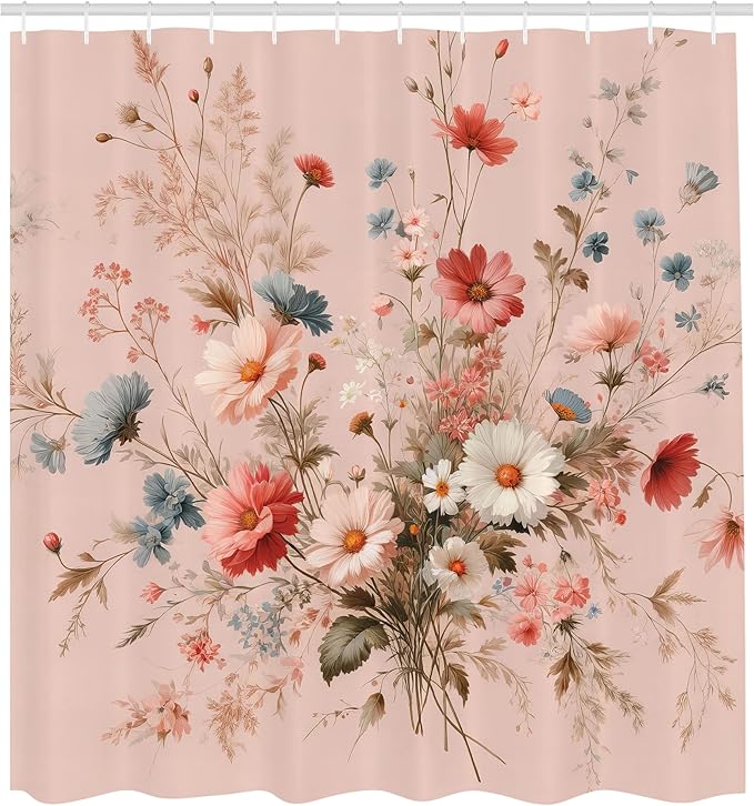 Ambesonne Floral Shower Curtain, Countryside Farmhouse Vibe Romantic Wild Flowers Arrange Plain Back, Cloth Fabric Bathroom Decor Set with Hooks, 69" W x 84" L, Blush Blue Grey Pale Rose