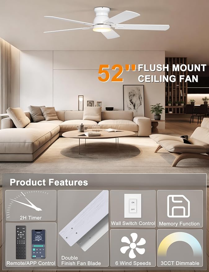 Ohniyou Ceiling Fans with Lights, 52 Inch Low Profile Ceiling Fan with Light and Remote/APP Control, Flush Mount, Dimmable, Quiet DC Motor, White Ceiling Fan for Bedroom, Living Room