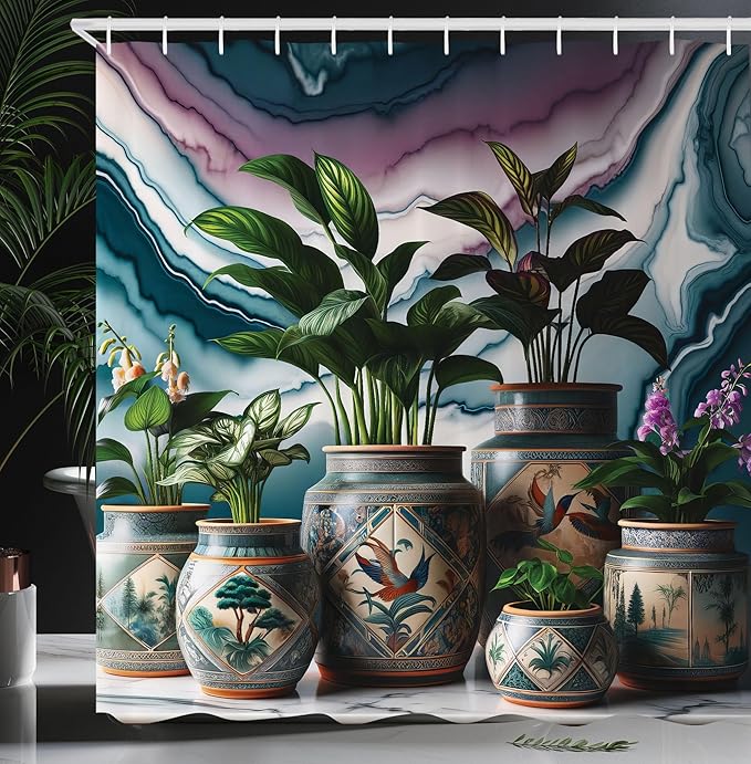 Ambesonne Botanical Shower Curtain, Oriental Detailed Illustration with Jungle Leaves on Marble Print Back, Cloth Fabric Bathroom Decor Set with Hooks, 69" W x 75" L, Sea Blue Fern Green