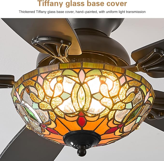 Ceiling Fans with Lights - 52" Ceiling Fan Chandelier with 5 Dual-Blades and Glass Shade, 6 Speeds and Reversible, Indoor and Outdoor, Retro Style