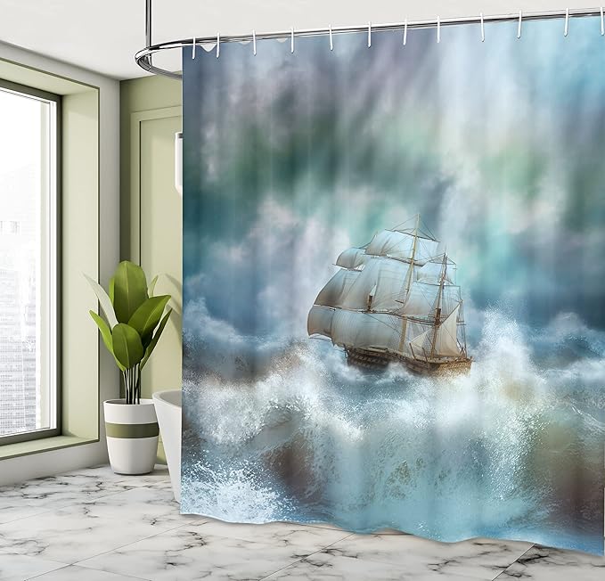 Ambesonne Ocean Shower Curtain, Majestic Nautical Sealife and Pirate Boat Ship on a Wavy Deep Sea Art Print, Cloth Fabric Bathroom Decor Set with Hooks, 69" W x 75" L, Blue Grey and White
