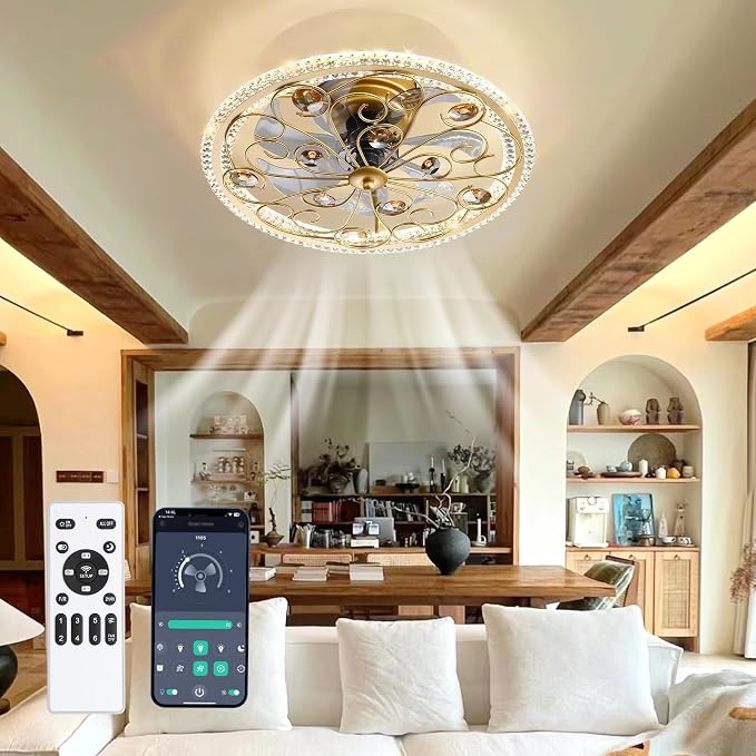 Ceiling Fans with Lights and Remote Caged Low Profile Farmhouse Ceiling Fan with Smart LED 6 Speed 3 Color Temp. Enclosed Ceiling Fan Flush Mount Fandelier for Bedroom Living Room Gold Crystal