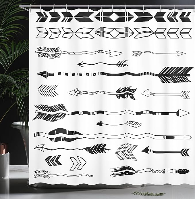 Ambesonne Arrow Shower Curtain, Indie Western Arrows Traditional Folk Culture Print, Cloth Fabric Bathroom Decor Set with Hooks, 69" W x 70" L, White and Black