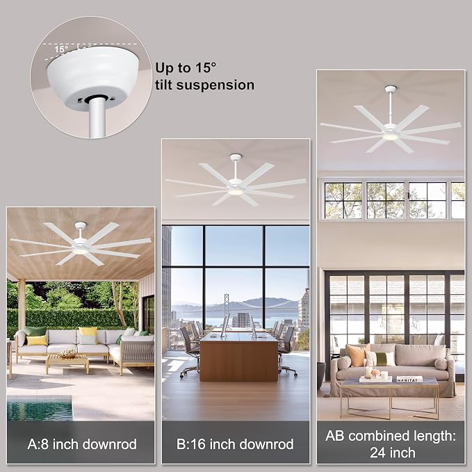 Ohniyou 72" White Industrial Ceiling Fan with Light for Patio, Living Room | Remote & APP Control, 3CCT Dimmable, DC Motor, 8 Aluminum Blades, Covered Outdoor Metal Fan