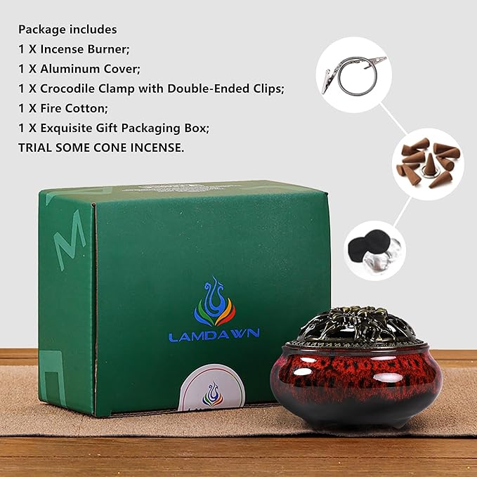 Incense Burner with Calabash Incense Stick Holder - Porcelain Charcoal Censer for Use with Resin Granular Powder Cone or Coil Incense (Fambe Red)