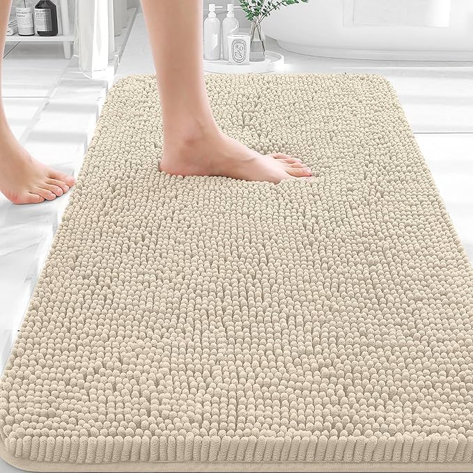 OLANLY Bathroom Rugs 30x18, Extra Soft Absorbent Chenille Bath Rugs, Rubber Backing Quick Dry, Machine Washable Bath Mats for Bathroom Floor, Tub and Shower, Home Decor Accessories, Sand