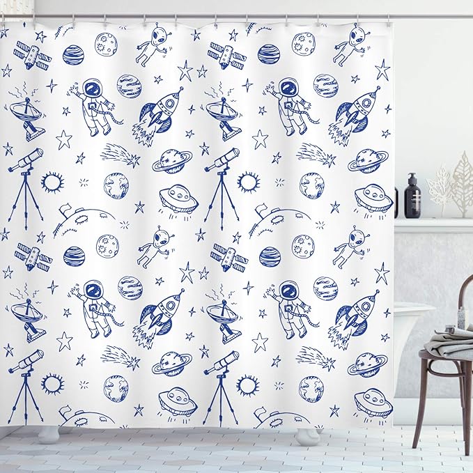 Ambesonne Sketchy Shower Curtain, Original Outer Space Featured Celestial Planetary Solar System Properties Graphic, Cloth Fabric Bathroom Decor Set with Hooks, 69" W x 84" L, White Azure