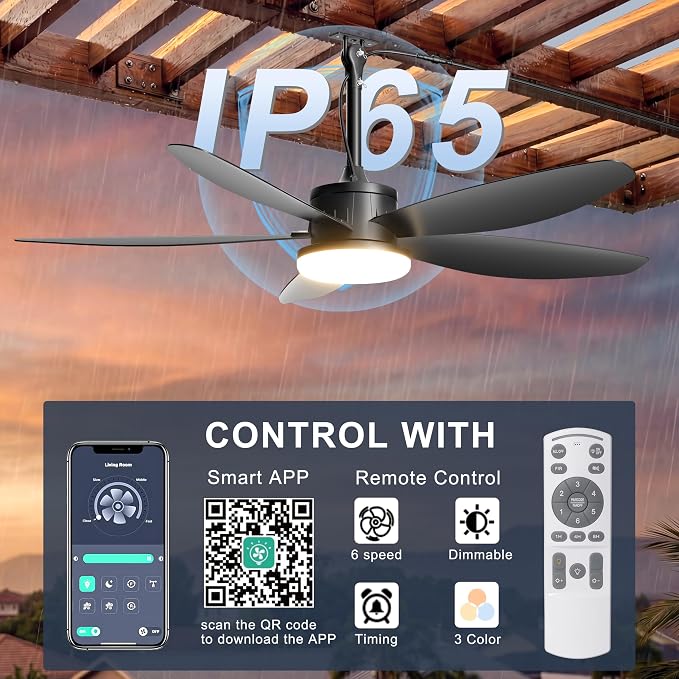 Outdoor Ceiling Fan with Lights, 48 Inch Plug in Gazebo Fans with Remote APP Control, Quiet DC Motor, Dimmable 3CCT, Waterproof Hanging Fans for Patios, Porch, Black