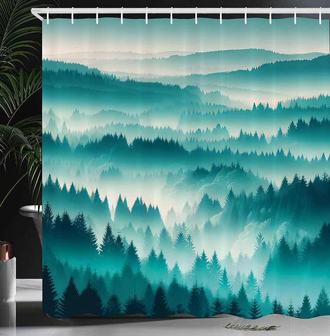Ambesonne Turquoise Shower Curtain, Green Tones Misty Woodland Scenery Featuring Mountain Range Landscape, Cloth Fabric Bathroom Decor Set with Hooks, 69" W x 75" L, Dark Seafoam Dark Teal