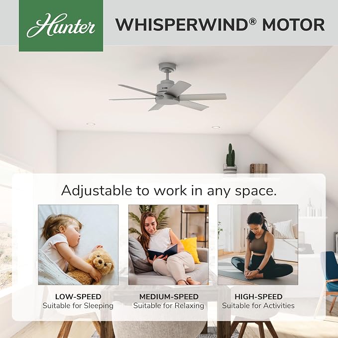 Hunter Kennicott, Outdoor or Indoor, Ceiling Fan, 44 inch, Matte Silver | SureSpeed high velocity airflow and no-light design suit covered patios, porches, offices, or small rooms with easy setup.