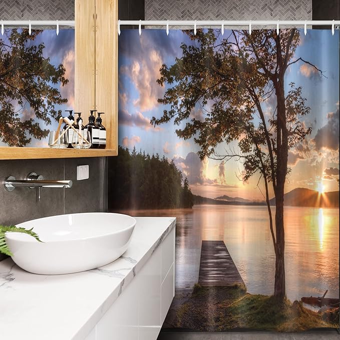 Ambesonne Seascape Stall Shower Curtain, Shore of Seventh Lake Tree Sunbeam at Sunset Water Reflection Tranquility, Fabric Bathroom Decor Set with Hooks, 54" W x 78" L, Brown Peach