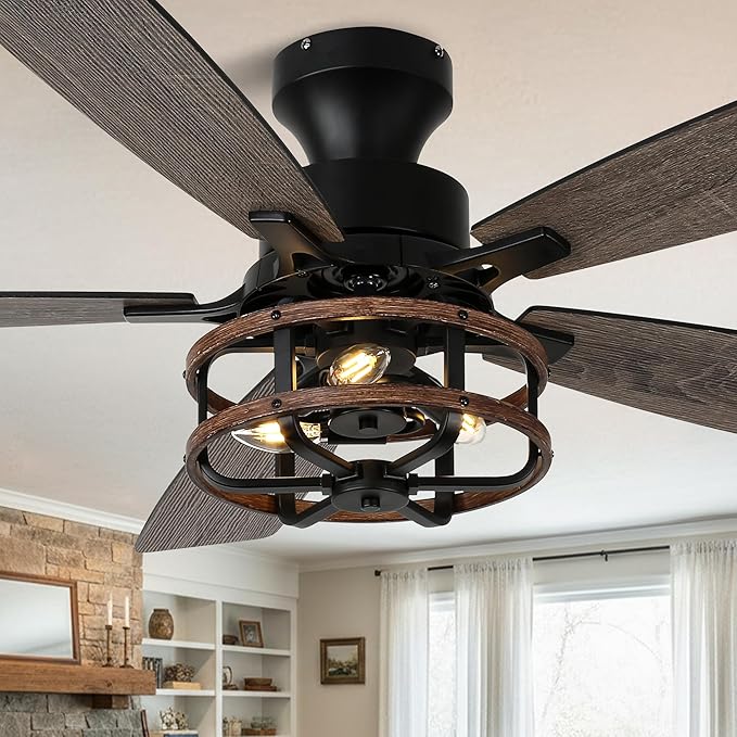 52" Farmhouse Rustic Ceiling Fan with Lights Remote Flush Mount | Rustic Caged Fandelier Low Profile Chandelier, for Bedroom Living Room, 5 Dual Blades Quiet Reversible DC Motor 6 Speeds