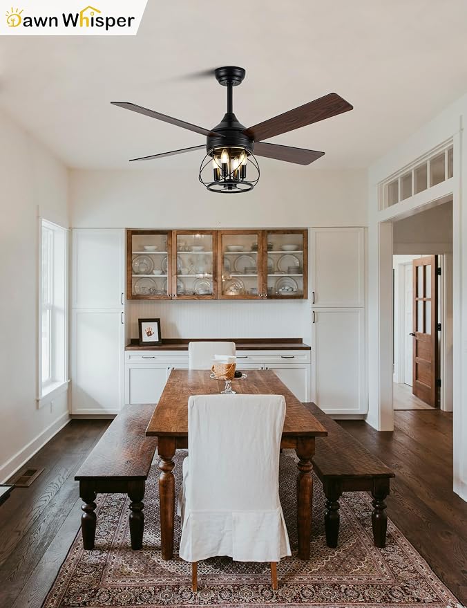 Dawn Whisper 52 Inch Rustic Farmhouse Ceiling Fans with Lights and Remote Quiet and Reversible DC Motor Black Industrial Caged Ceiling Fan for Bedroom Living Room