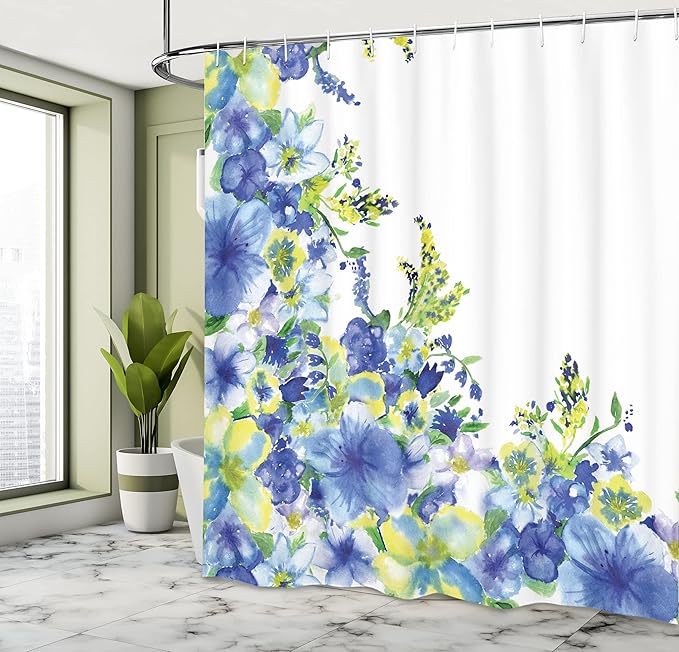 Ambesonne Watercolor Flower Shower Curtain, Motley Floret Motifs with Splash Anemone Iris Revival of Nature Theme, Cloth Fabric Bathroom Decor Set with Hooks, 69" W x 84" L, Yellow Blue