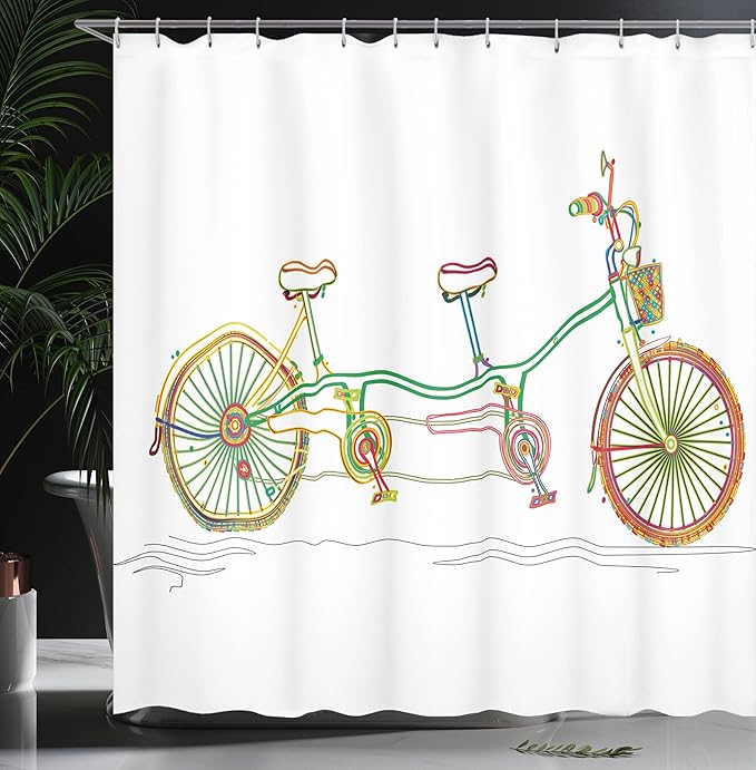 Ambesonne Bicycle Shower Curtain, Colorful Tandem Bicycle Design on White Background Pattern Clipart Style Print, Cloth Fabric Bathroom Decor Set with Hooks, 69" W x 70" L, Jade Green