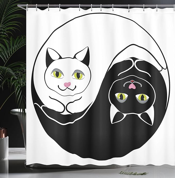 Ambesonne Ying Yang Shower Curtain, Black and White Cuddling Cats in Yin Yang Form Harmony and Balance Kitten, Cloth Fabric Bathroom Decor Set with Hooks, 69" W x 70" L, Black White