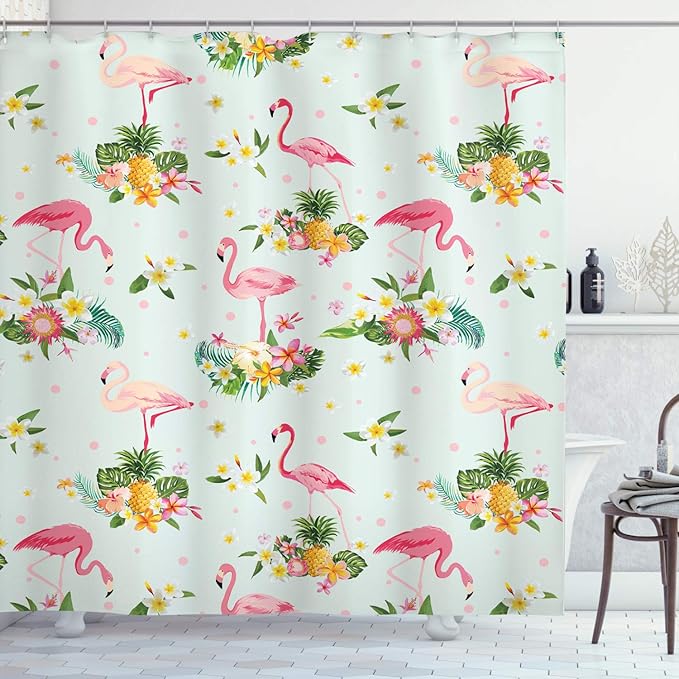 Ambesonne Flamingo Shower Curtain, Flamingo Bird Tropical Flowers Fruits Pineapples Vintage Style Artwork, Cloth Fabric Bathroom Decor Set with Hooks, 69" W x 75" L, Yellow Pink