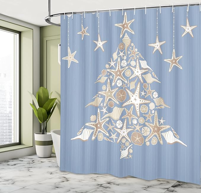 Ambesonne Christmas Shower Curtain, Nautical Elements Sea Life Theme with Noel Tree Winter Season, Cloth Fabric Bathroom Decor Set with Hooks, 69" W x 75" L, Beige Cream