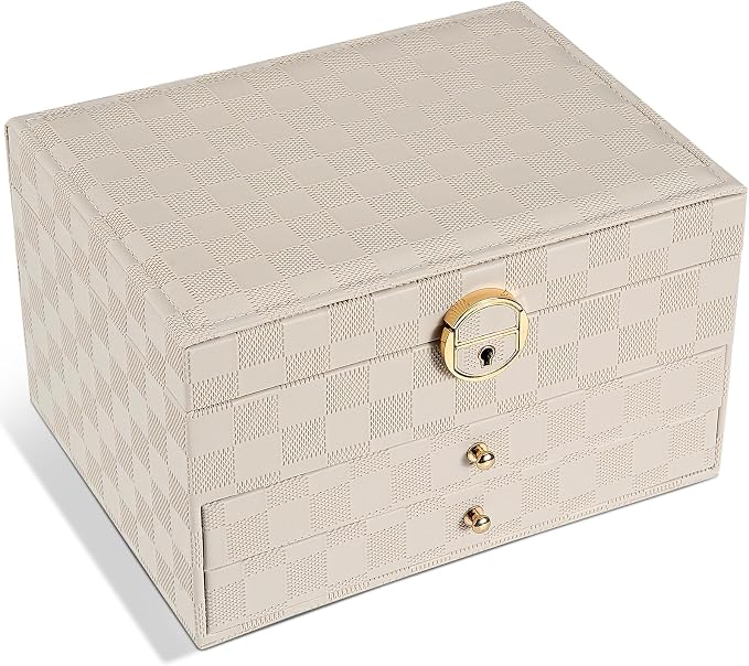 GUOER Jewelry Box for Women Girls, 3 Layers Large Jewelry Organizer(Light Khaki)
