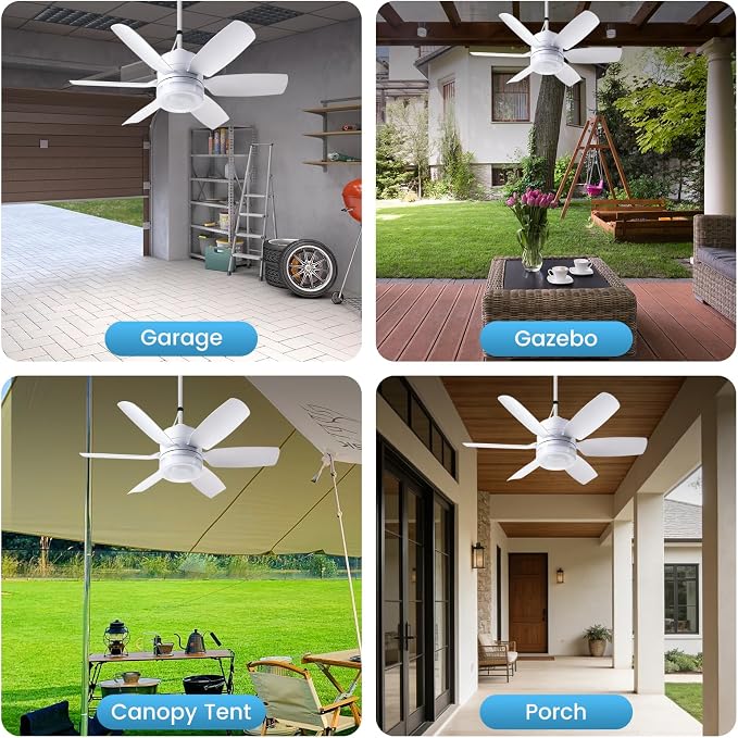 Fanspex 20.5'' Plug in Ceiling Fan with Light for Gazebo Patio Canopy Tent | 5 Fan Speeds with Adjust Lighting for Porch RV Cooling or Air Circulation, White