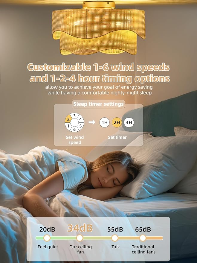 Flush Mount Ceiling Fan with Lights, 20" Low Profile Boho Ceiling Fan with Light Remote Control, Caged Rattan with 6 Speeds for Bedroom, Nursery, Living Room
