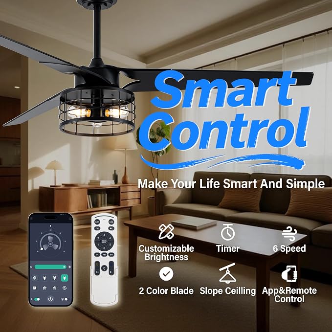 Chandelier Ceiling Fans With Lights And Remote,60 Inch Caged Ceiling Fan With Light,App 3 Blades E26 Fandelier Ceiling Fans With Lights,Crystal Ceiling Fan For Bedroom,Living Room. (Black)