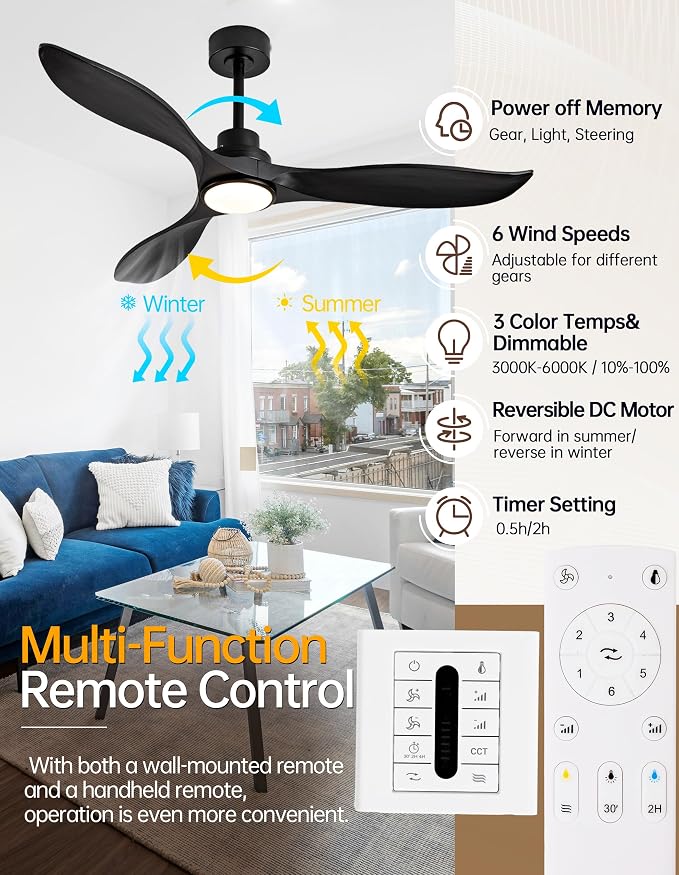 52 Inch Solid Wood Ceiling Fans with Lights and Remote, 3 Blade Black Outdoor Ceiling Fan with Wall Control, Dimmable, 6 Speeds, Noiseless DC Motor for Bedroom/Patios/Farmhouse/Living Room